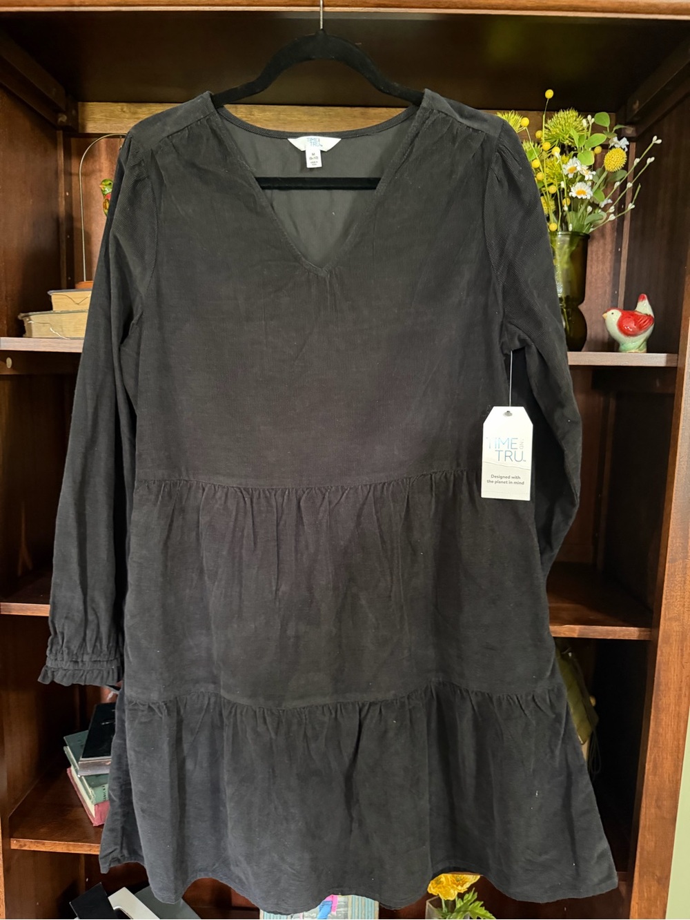 Time and Tru Black Corduroy Tiered V-Neck Long Sleeve Dress